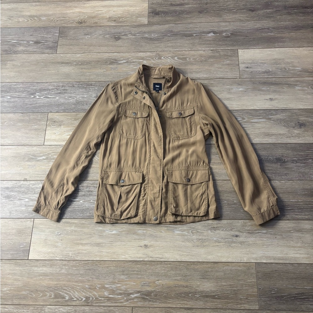GAP Utility Jacket Womens Sz S Khaki Safari Military Full Zip Lightweight Preppy